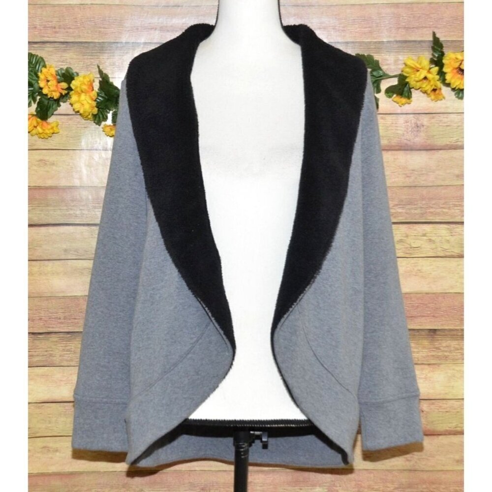 L.L. Bean Ladies Gray Open Front Sweatshirt Jacket Size M Sherpa Collar Casual